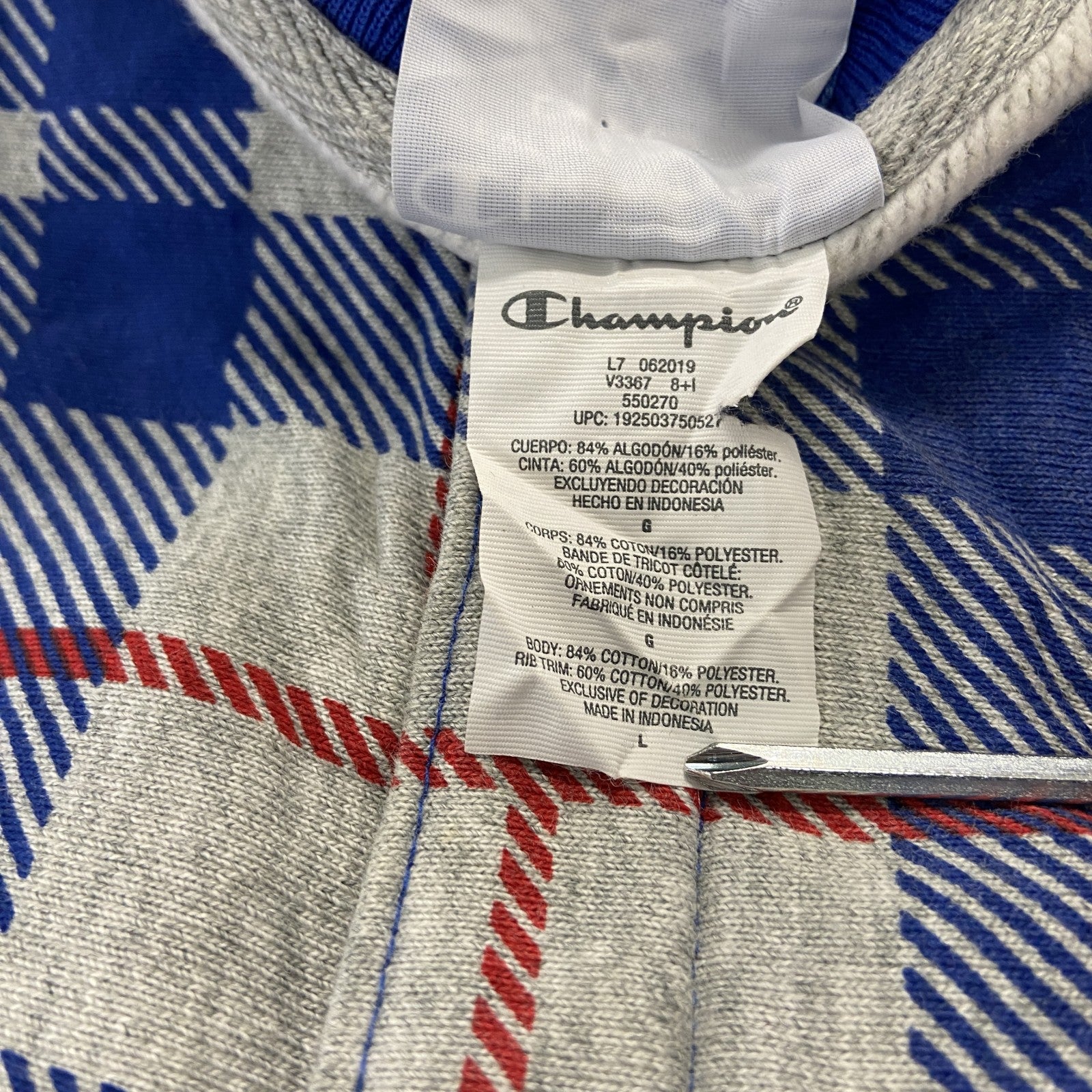 Champion　チャンピオン　リバースウィーブ　スウェットカーディガン　スタジャン　チェック柄　グレー　灰色　Lサイズ　古着