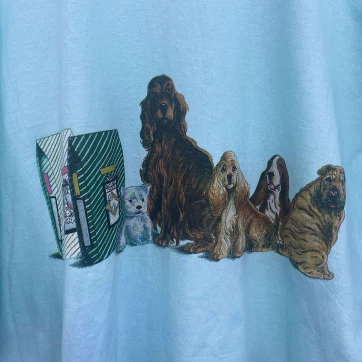 Hanes　半袖プリントTシャツ　犬　アニマル　シングルステッチ　レトロ　クルーネック　ライトブルー　XLサイズ　古着