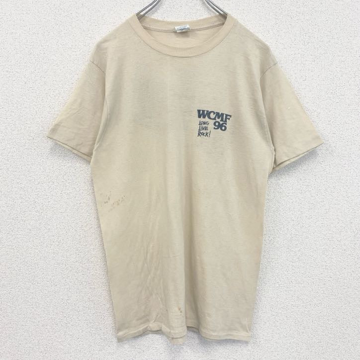半袖バックプリントTシャツ　シングルステッチ　レトロ　クルーネック　ヴィンテージ　90s　ベージュ　Lサイズ　古着