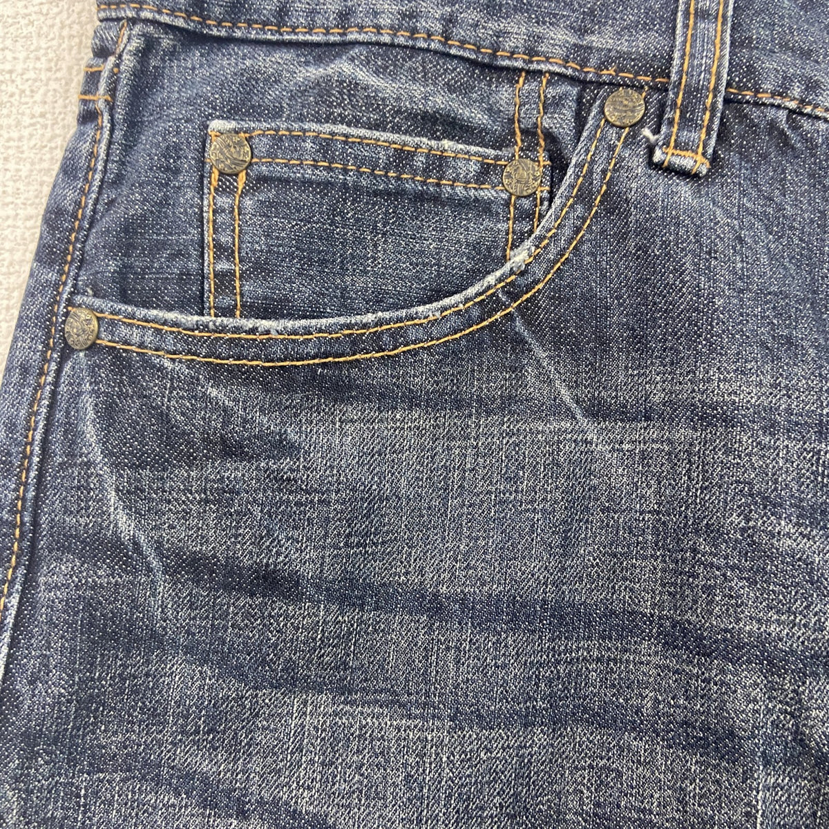 デニムハーフパンツ/ダメージジーンズ　ジップフライ　インディゴ　91サイズ メンズ コットン 古着