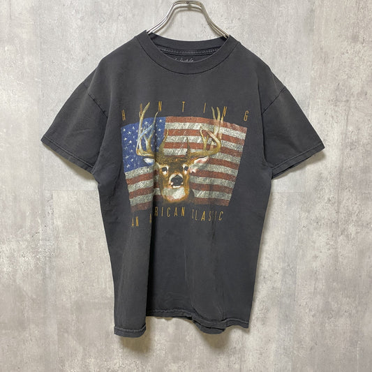 古着 used　Lifestyle Classics　半袖アニマル柄プリントTシャツ　USA国旗　鹿　シカ　動物　黒　Mサイズ