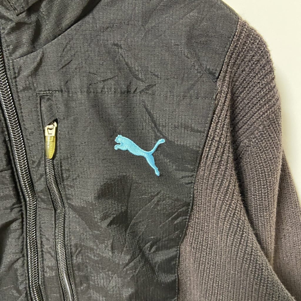 puma　プーマ　フルジップニットセーター　異素材切り替え　ワンポイント　刺繍ロゴ　Sサイズ　古着