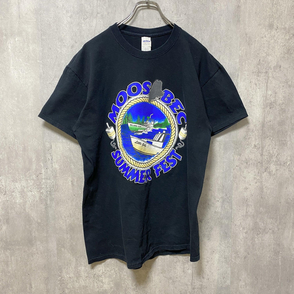 GILDAN　ギルダン　半袖クルーネックTシャツ　バックプリント　ロブスターボート　黒　ブラック　Lサイズ　古着