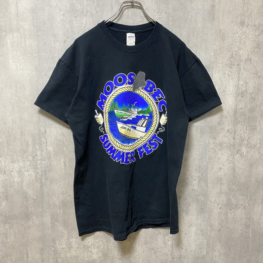 古着 used　GILDAN　ギルダン　半袖クルーネックTシャツ　バックプリント　ロブスターボート　黒　ブラック　Lサイズ