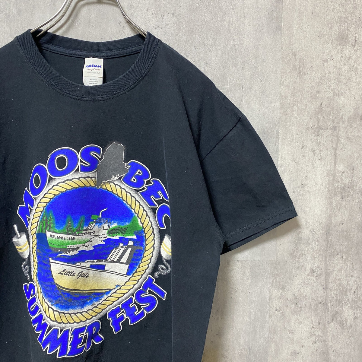 GILDAN　ギルダン　半袖クルーネックTシャツ　バックプリント　ロブスターボート　黒　ブラック　Lサイズ　古着