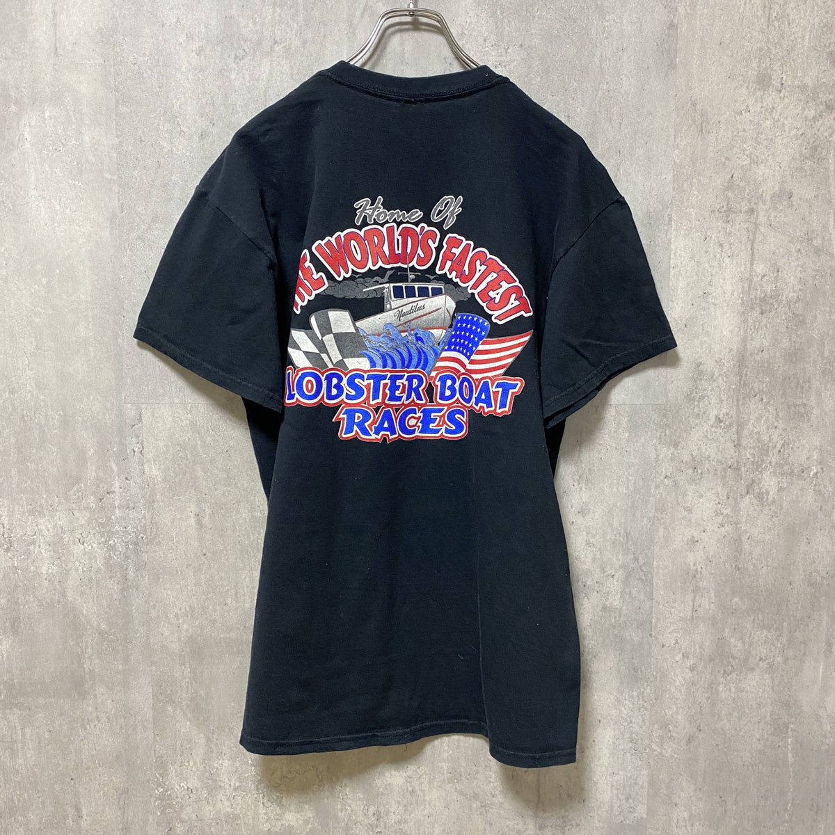 GILDAN　ギルダン　半袖クルーネックTシャツ　バックプリント　ロブスターボート　黒　ブラック　Lサイズ　古着