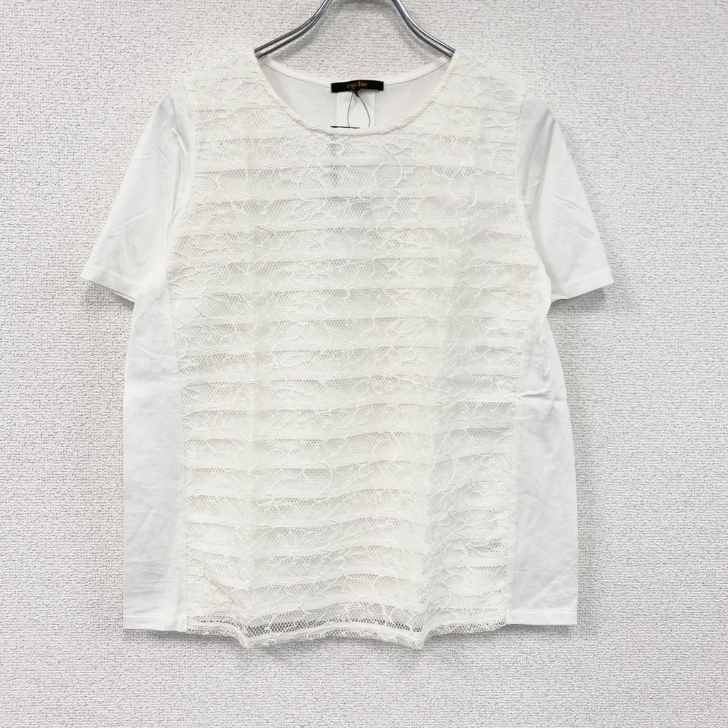 Esche　エッシュ　レース装飾半袖Tシャツ　デッドストック　白　ホワイト　42サイズ カットソー レディース コットン 古着