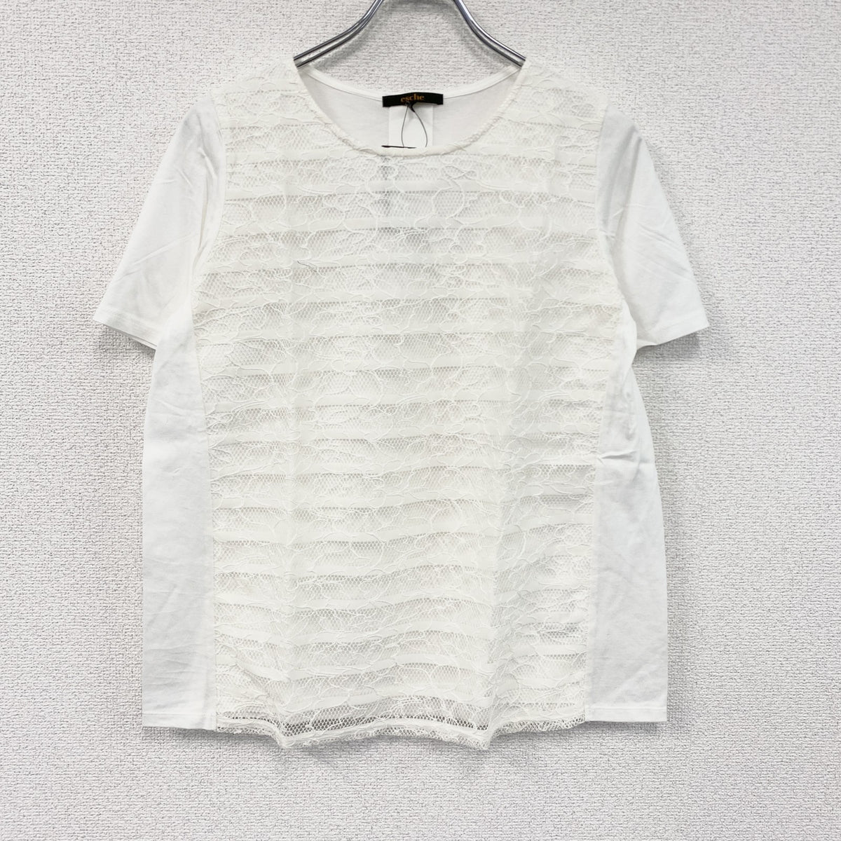 Esche　エッシュ　レース装飾半袖Tシャツ　デッドストック　白　ホワイト　42サイズ カットソー レディース コットン 古着