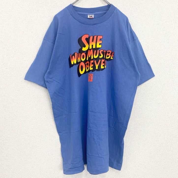 半袖プリントTシャツ　レトロデザイン　シングルステッチ　クルーネック　ヴィンテージ　青　ブルー　XLサイズ　古着