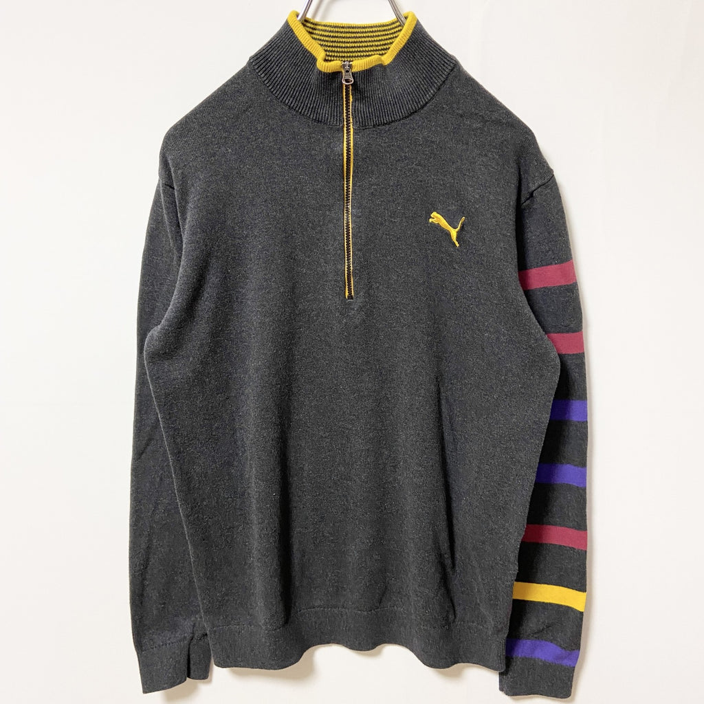 puma プーマ　長袖ハーフジップニット　セーター　ワンポイントロゴ刺繍　ライン　カラフル　Sサイズ　古着