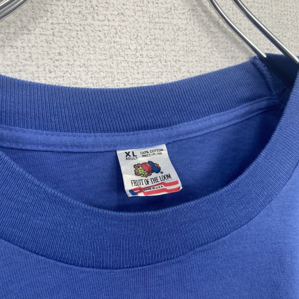半袖プリントTシャツ　レトロデザイン　シングルステッチ　クルーネック　ヴィンテージ　青　ブルー　XLサイズ　古着