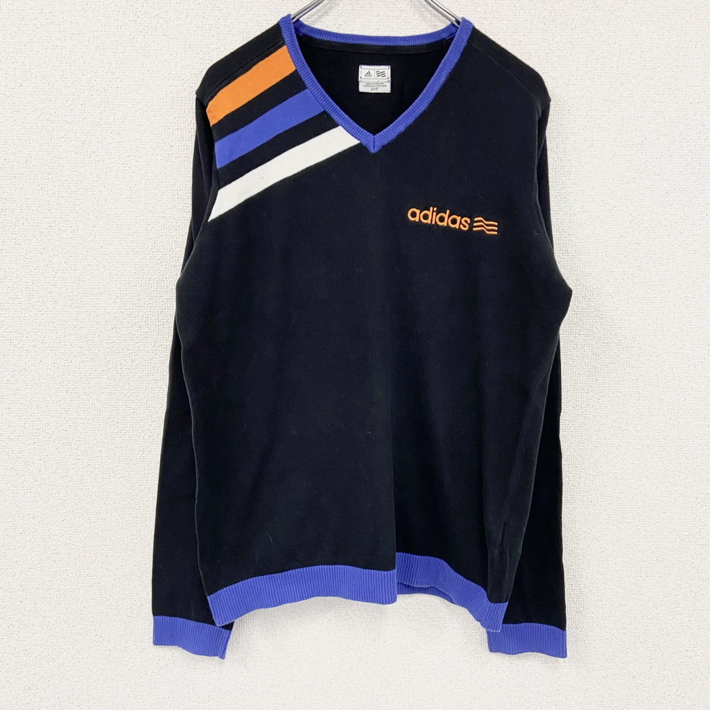 adidas　アディダス　コットンニットセーター　Vネック　黒　ブラック　Sサイズ　古着