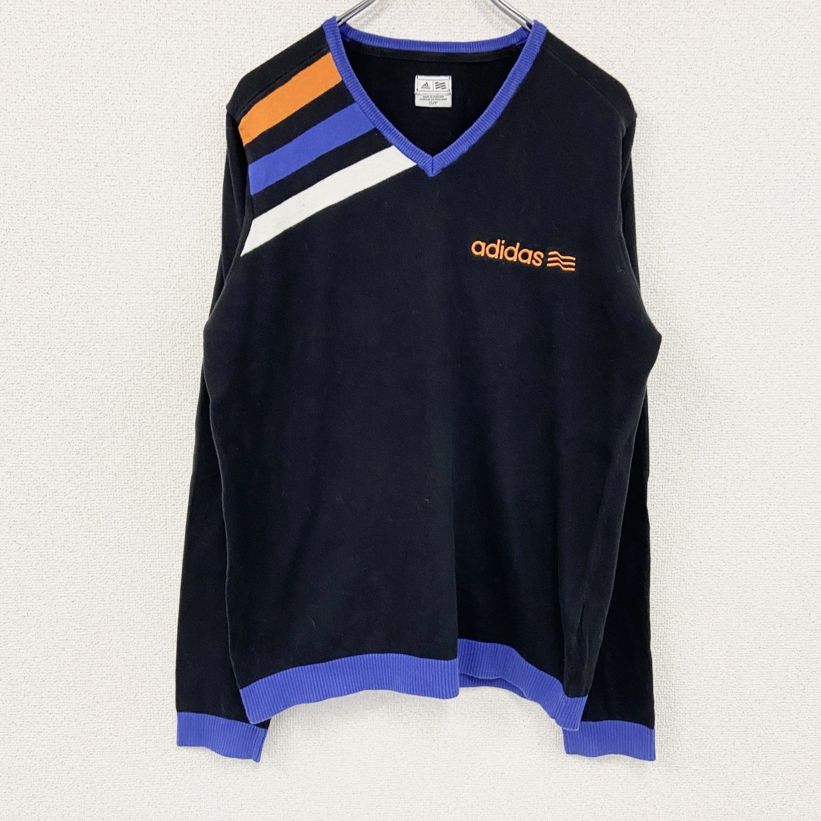 adidas　アディダス　コットンニットセーター　Vネック　黒　ブラック　Sサイズ　古着