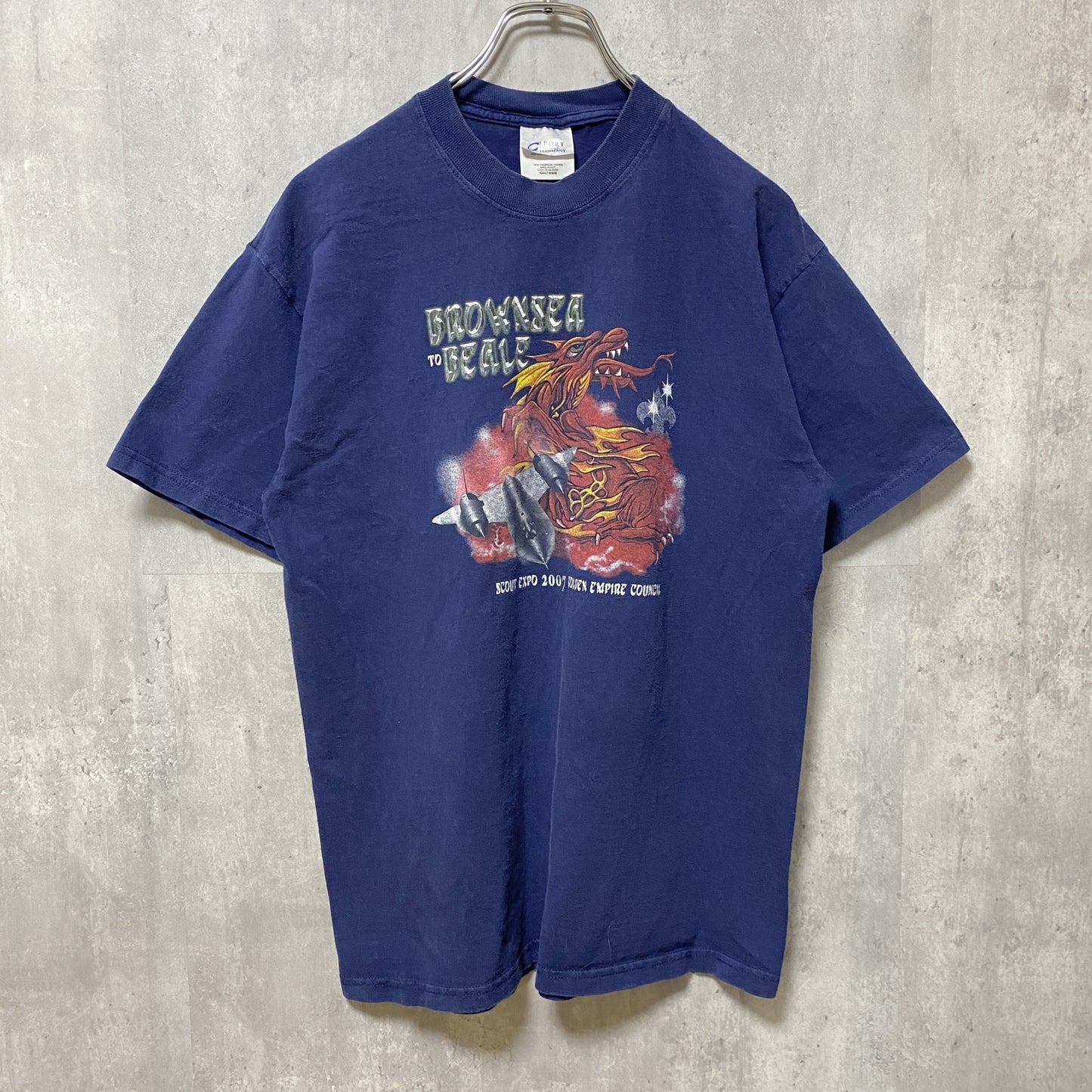 古着 used　BROWNSEA BEALE　半袖プリントTシャツ　ドラゴン　龍柄　SCOUT EXPO　ネイビー　Mサイズ