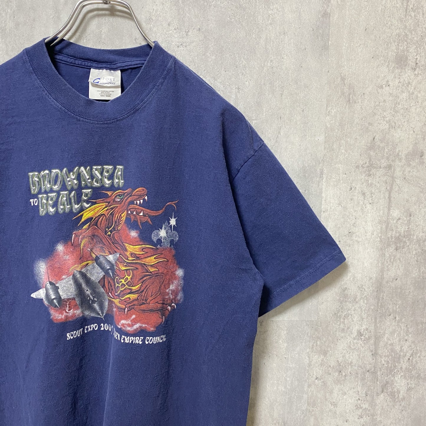 古着 used　BROWNSEA BEALE　半袖プリントTシャツ　ドラゴン　龍柄　SCOUT EXPO　ネイビー　Mサイズ