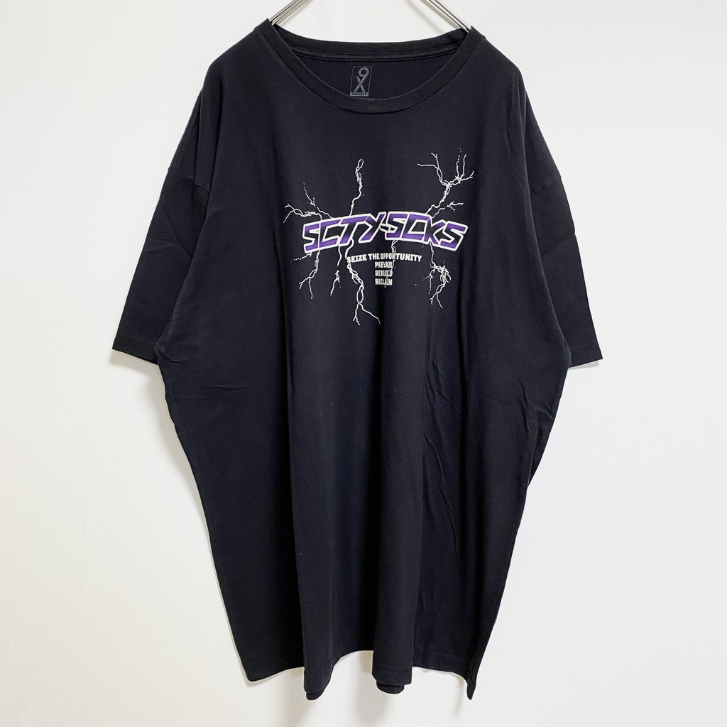SOCIETY　半袖ロゴプリントTシャツ　黒　ブラック　稲妻　雷　レトロデザイン　ビッグシルエット　3XLサイズ　古着