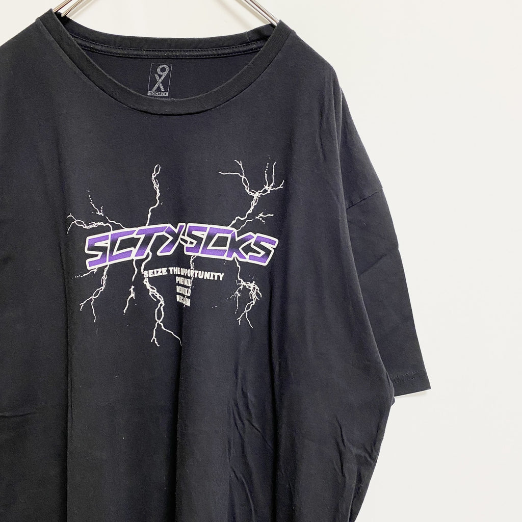 SOCIETY　半袖ロゴプリントTシャツ　黒　ブラック　稲妻　雷　レトロデザイン　ビッグシルエット　3XLサイズ　古着