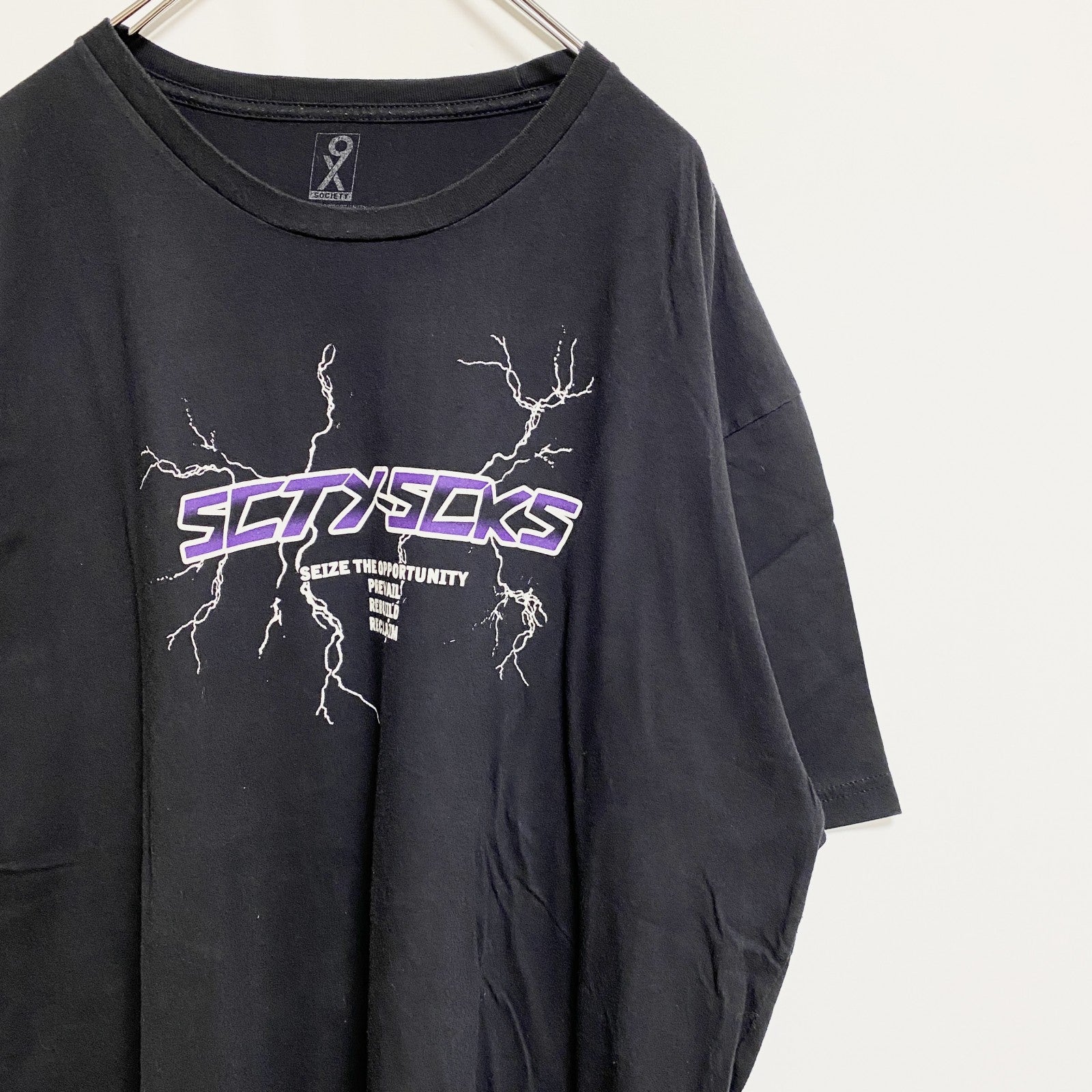 SOCIETY　半袖ロゴプリントTシャツ　黒　ブラック　稲妻　雷　レトロデザイン　ビッグシルエット　3XLサイズ　古着