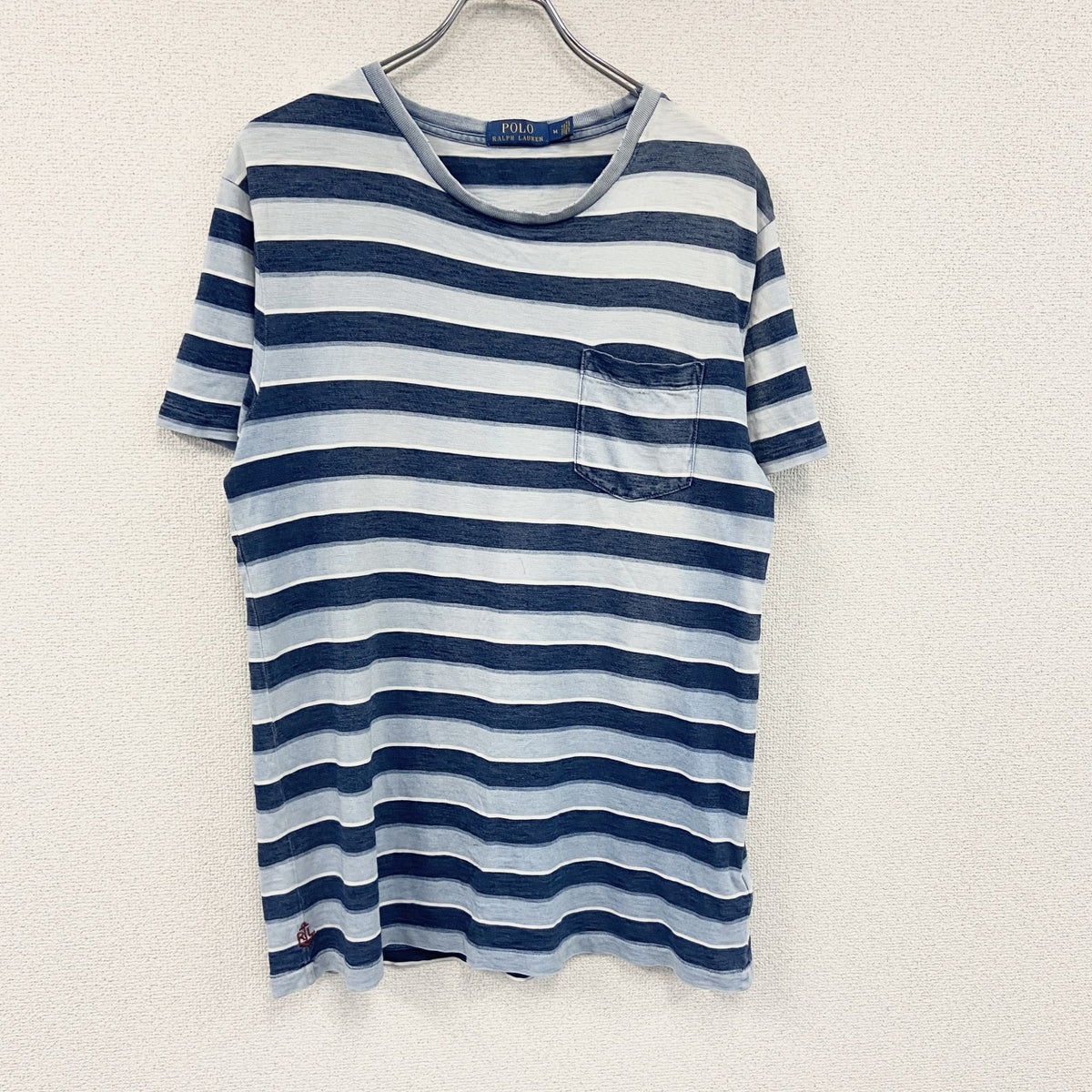 POLO RALPH LAUREN　ラルフローレン　半袖プリントTシャツ　ボーダー柄　水色　ライトブルー　紺　ネイビー　Mサイズ　古着