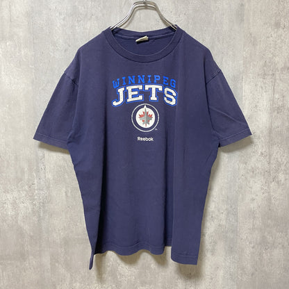 古着 used　Reebok　リーボック　NHL JETS　半袖プリントTシャツ　クルーネック　ネイビー　春夏服　Lサイズ