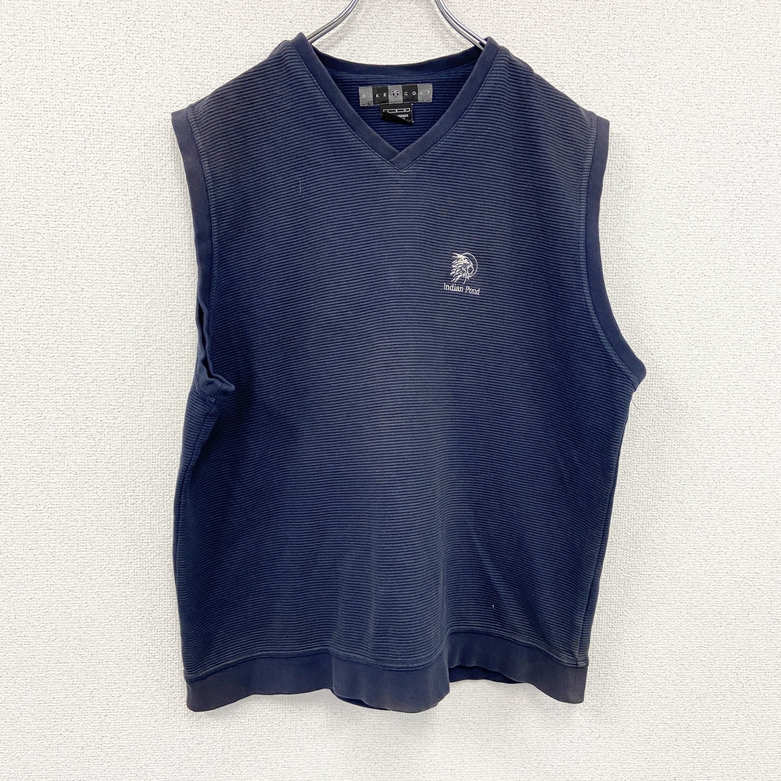 00s　NIKE GOLF　ナイキゴルフ　コットンニットベスト　ヴィンテージ　スウッシュ　刺繍ロゴ　紺　ネイビー　Lサイズ　古着