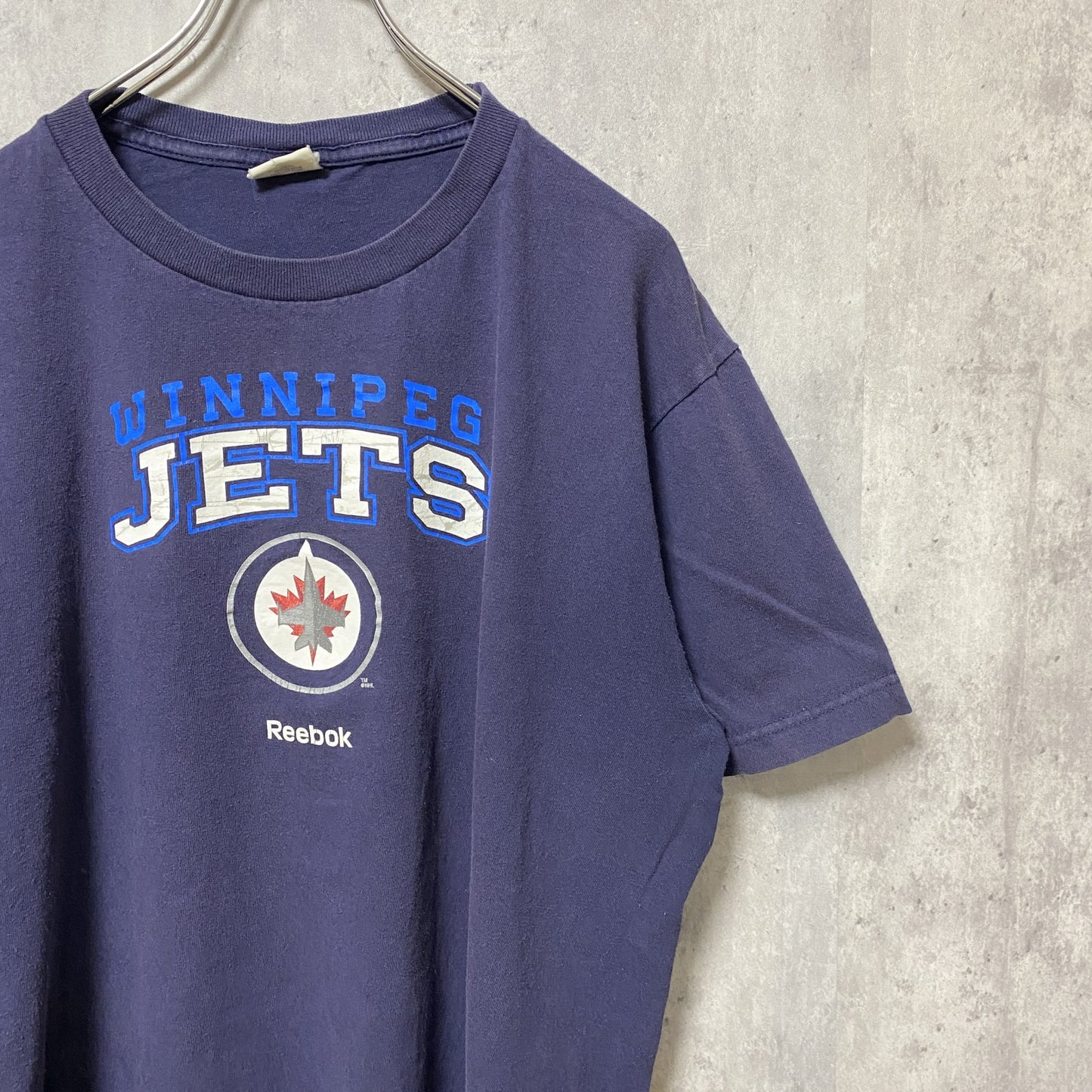 古着 used　Reebok　リーボック　NHL JETS　半袖プリントTシャツ　クルーネック　ネイビー　春夏服　Lサイズ