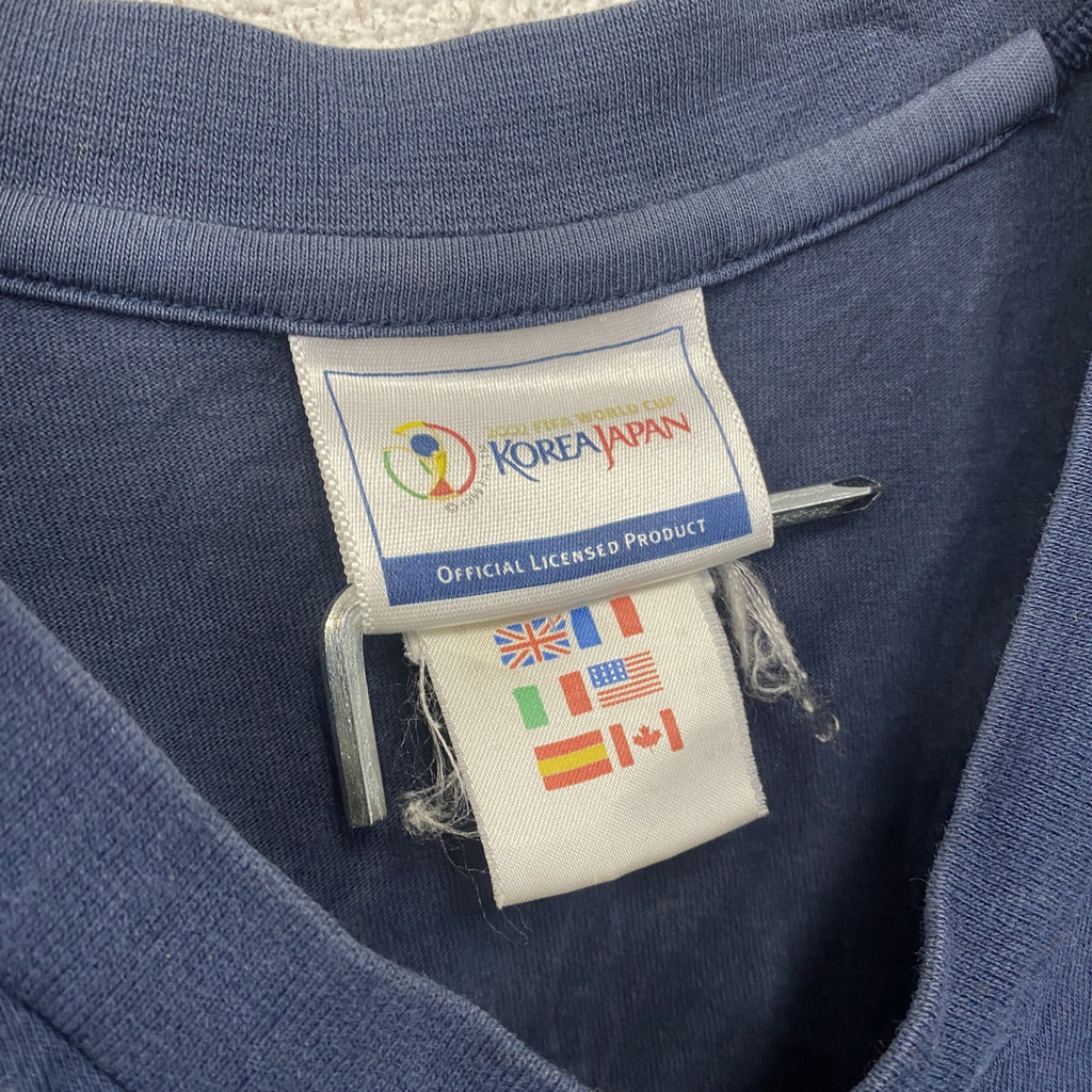00s　adidas　アディダス　FIFAワールドカップ　半袖プリントTシャツ　Vネック　パフォーマンスロゴ　日の丸　漢字プリント　ヴィンテージ　紺　ネイビー　古着