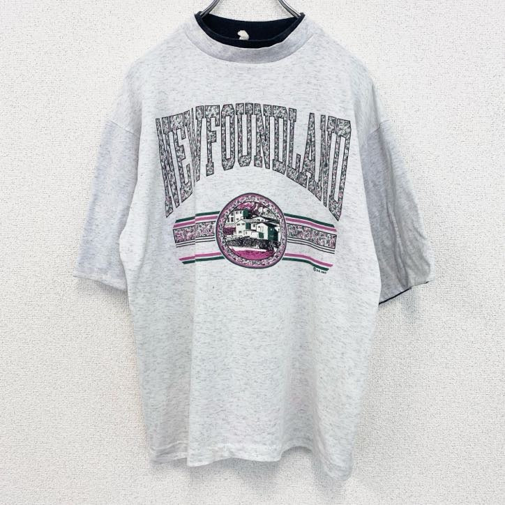 90s　ヴィンテージ　半袖プリントTシャツ　カレッジ風　　灰色　ライトグレー　ニューファンドランド　Lサイズ　古着