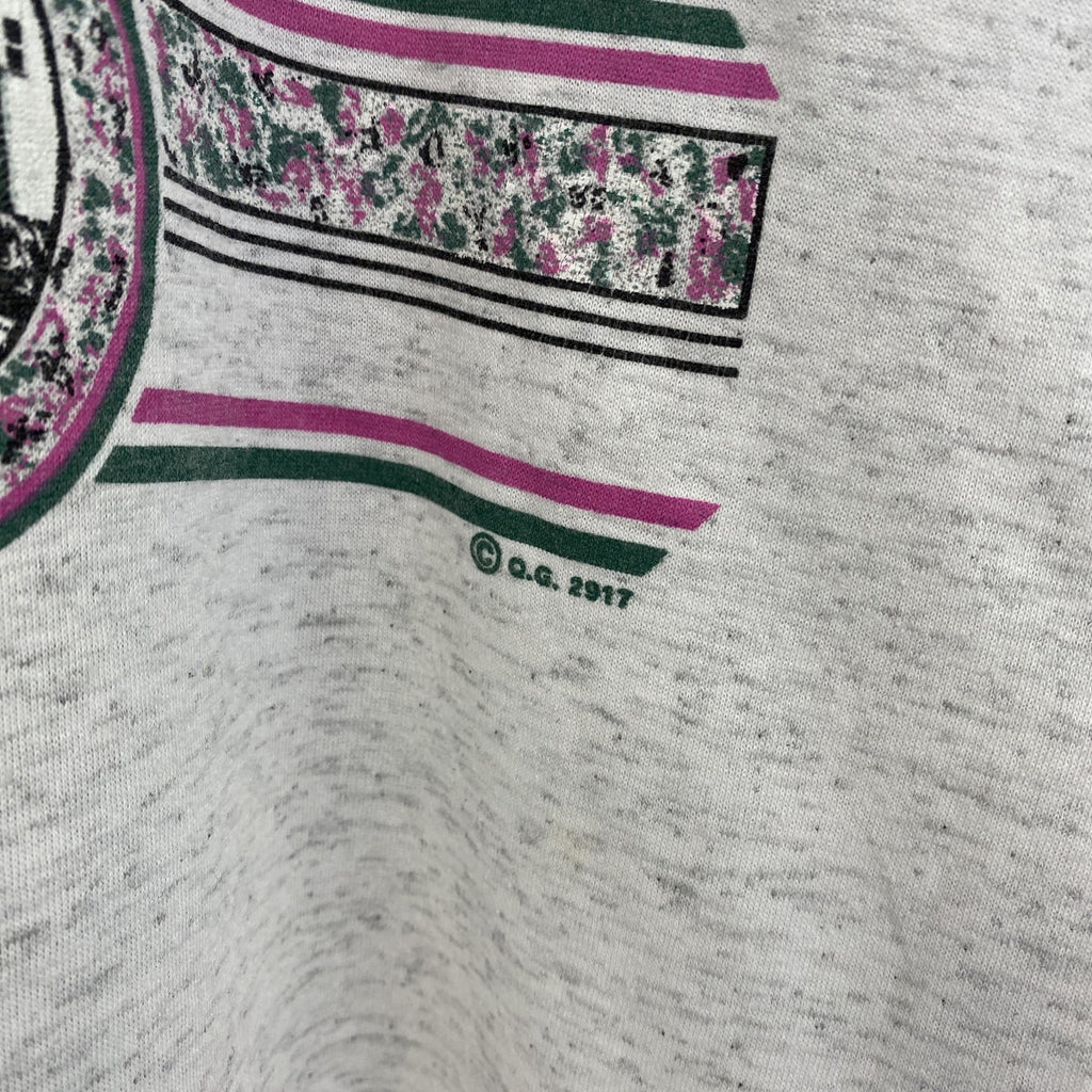 90s　ヴィンテージ　半袖プリントTシャツ　カレッジ風　　灰色　ライトグレー　ニューファンドランド　Lサイズ　古着