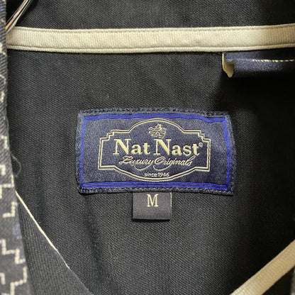 古着 used　NatNast　ナットナスト　半袖総柄シャツ　シルクシャツ　ネイビー　春夏服　レトロ　Mサイズ