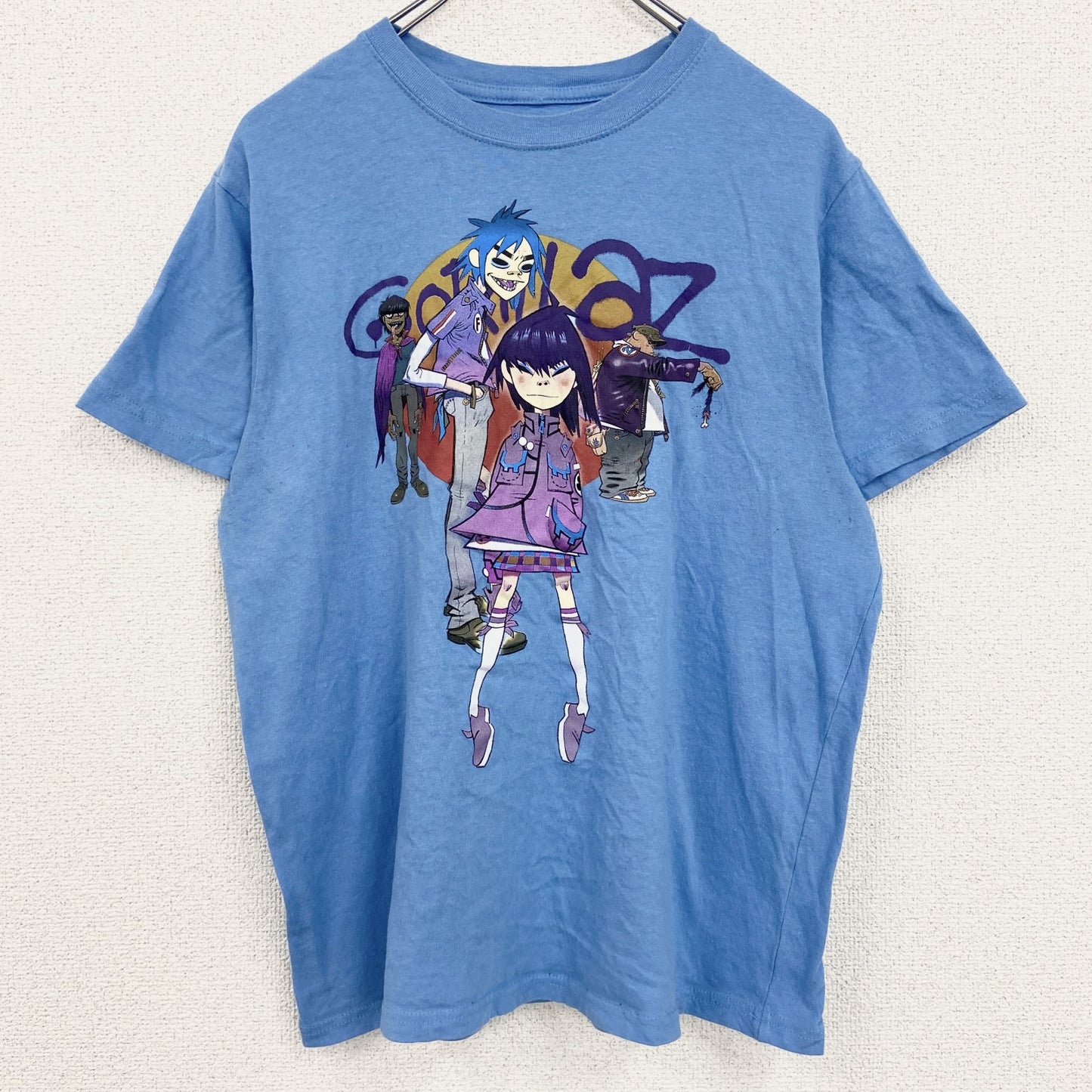 古着 used　Gorillaz　ゴリラズ　半袖バンドプリントTシャツ　レトロデザイン　クルーネック　水色　ライトブルー　