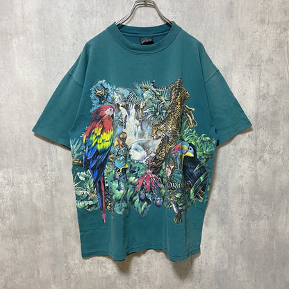 古着 used　90s　半袖アニマル柄プリントTシャツ　袖シングルステッチ　裾ダブル　ターコイズ　ビッグシルエット　XLサイズ