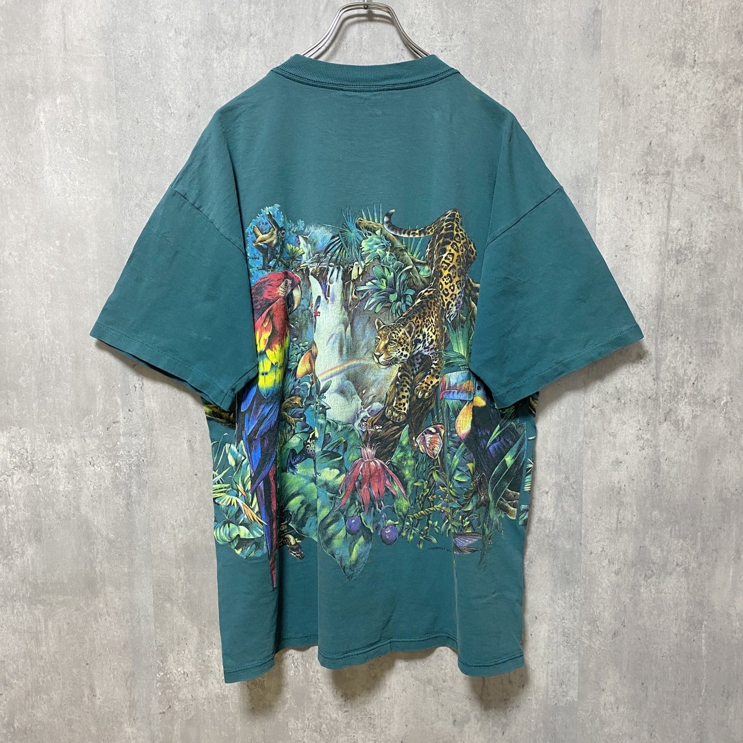 古着 used　90s　半袖アニマル柄プリントTシャツ　袖シングルステッチ　裾ダブル　ターコイズ　ビッグシルエット　XLサイズ