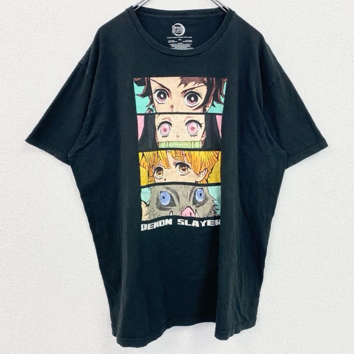 鬼滅の刃　半袖アニメプリントTシャツ　レトロ　クルーネック　Demon Slayer　黒　ブラック　2XLサイズ　古着