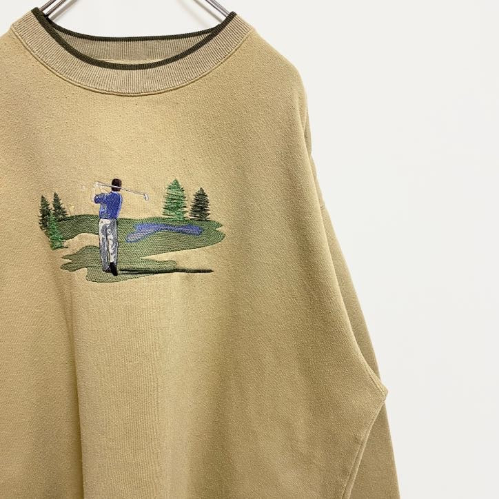 M&CSPORT　長袖刺繍スウェット　トレーナー　ゴルフ　スポーツ　茶色　ブラウン　レトロ　ビッグシルエット　XLサイズ　古着