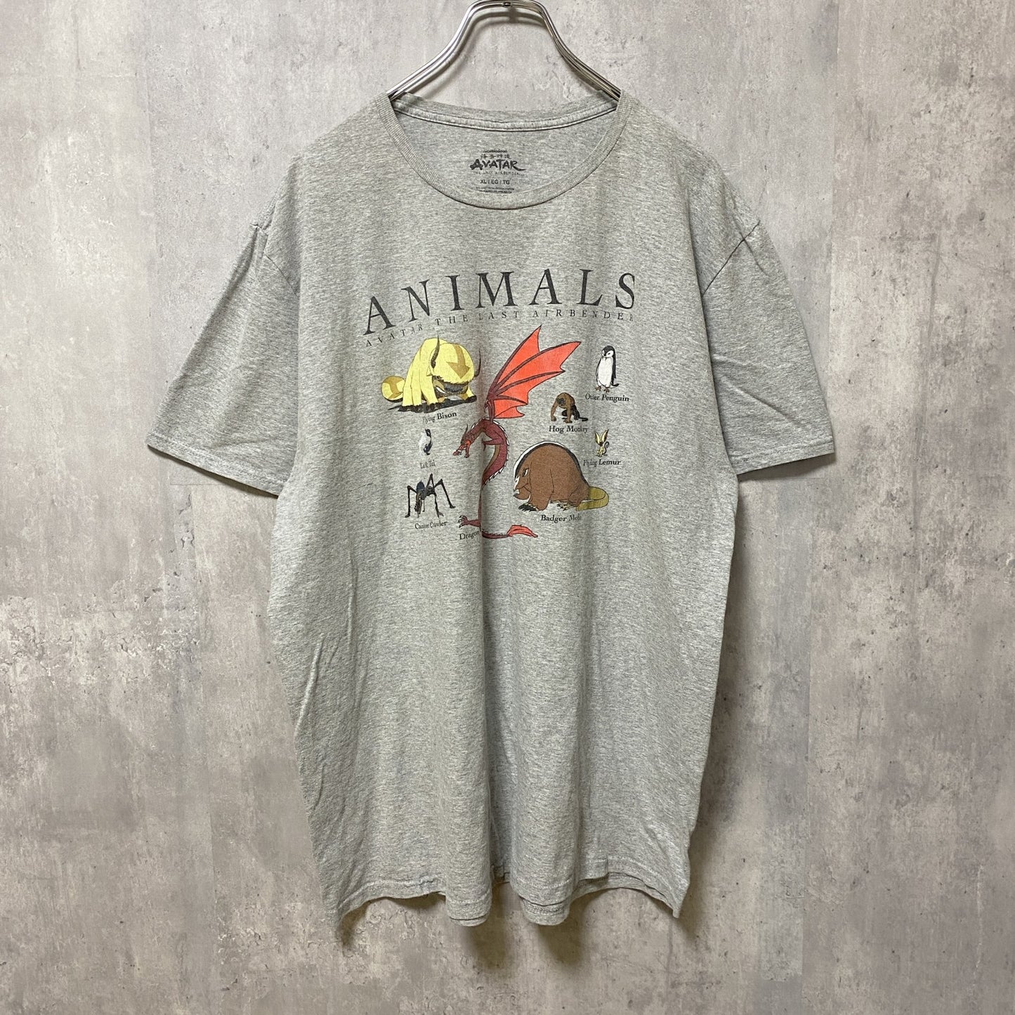 古着 used　AVATAR　半袖アニマルプリントTシャツ　クルーネック　動物　グレー　春夏服　ビッグシルエット　XLサイズ