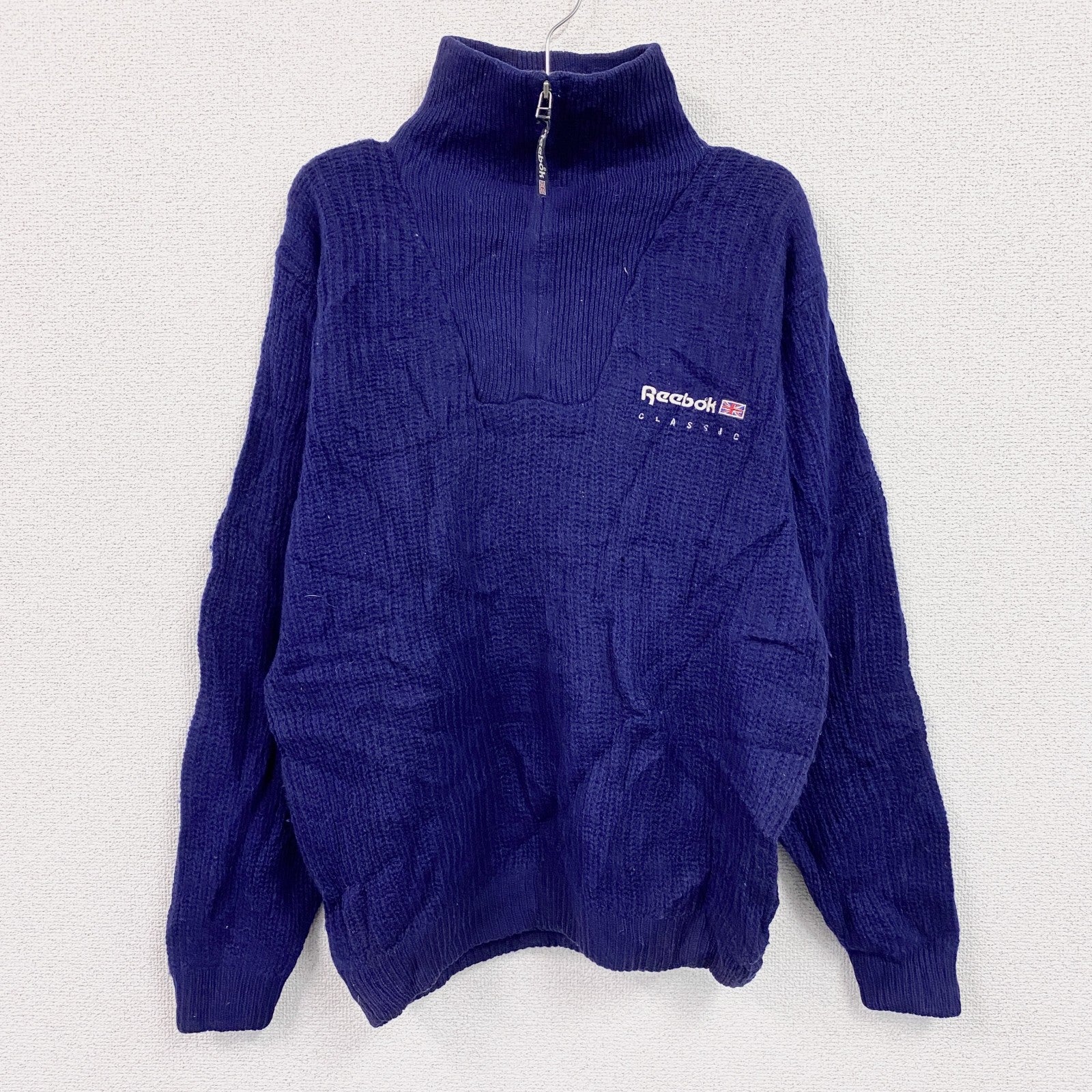 ～00s　Reebok　リーボック　ハーフジップウールニットセーター　ヴィンテージ　紺　ネイビー　Sサイズ　古着