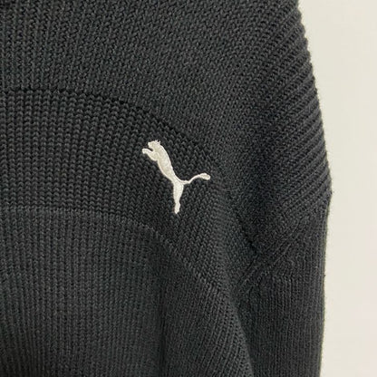 古着 used　puma プーマ　長袖ニットジャケット　フルジップセーター　ワンポイントロゴ刺繍　ハイネック　黒　Lサイズ