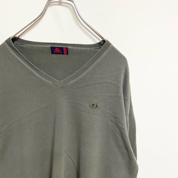 ROBE DI KAPPA　カッパ　長袖Vネックニットセーター　ワンポイント　刺繍ロゴ　灰色　ダークグレー　XXLサイズ　古着