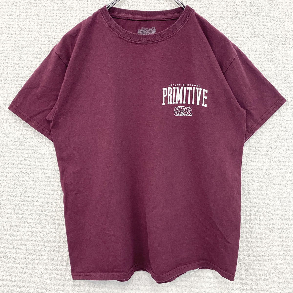 NARUTO疾風伝　半袖アニメプリントTシャツ　ナルト　サスケ　ワインレッド　クルーネック　Lサイズ　古着