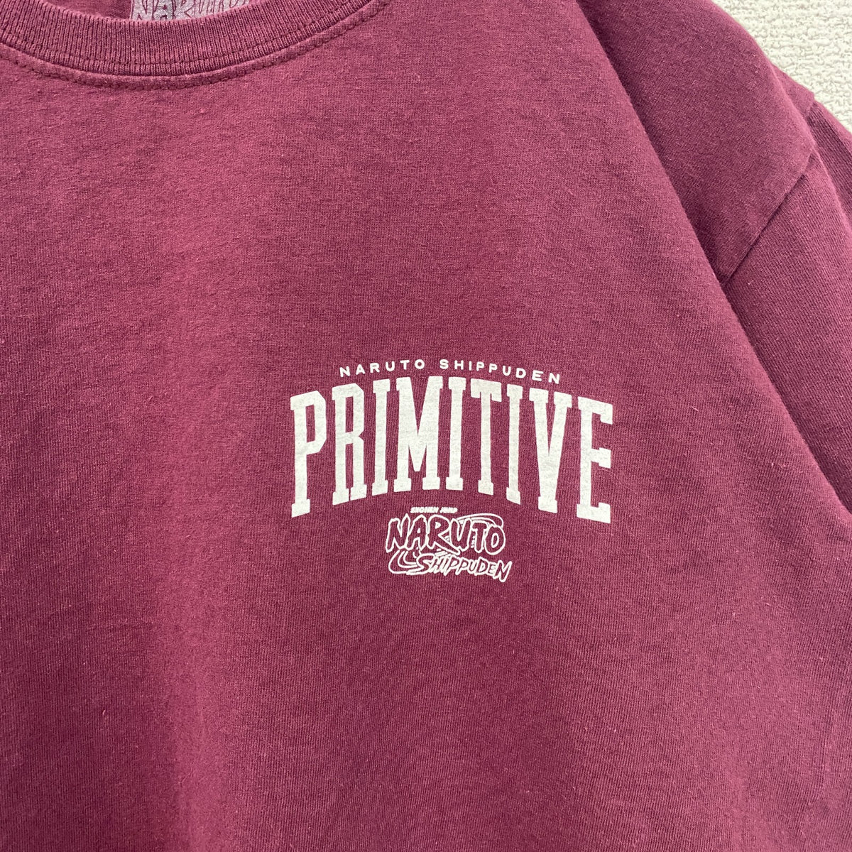 NARUTO疾風伝　半袖アニメプリントTシャツ　ナルト　サスケ　ワインレッド　クルーネック　Lサイズ　古着