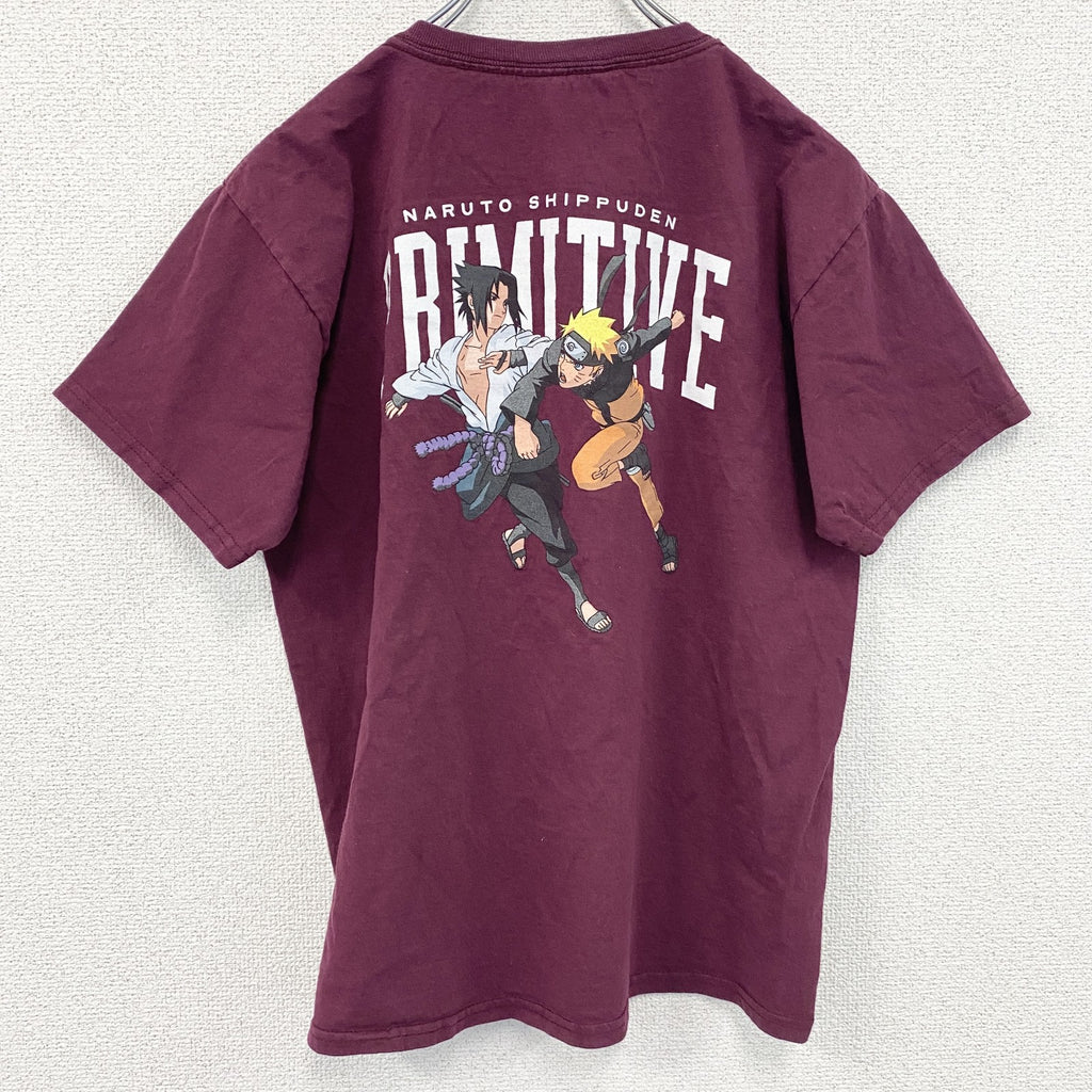 NARUTO疾風伝　半袖アニメプリントTシャツ　ナルト　サスケ　ワインレッド　クルーネック　Lサイズ　古着