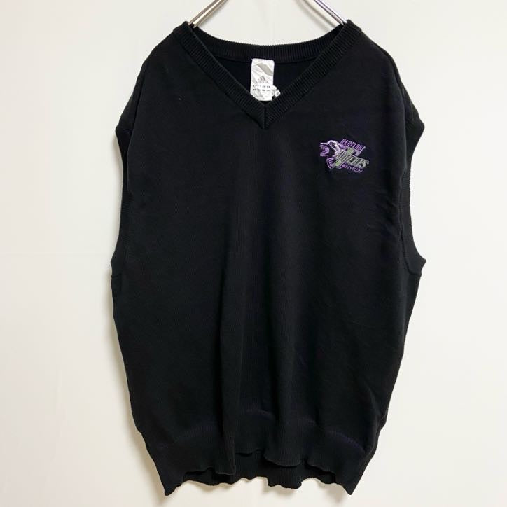 adidas アディダス　Vネックニットベスト　セーター　ワンポイントロゴ刺繍　黒　ブラック　Lサイズ　古着