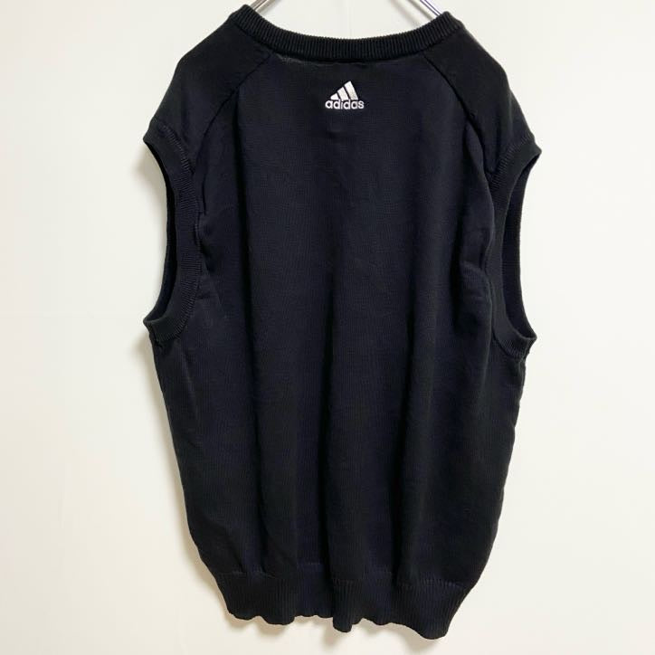 adidas アディダス　Vネックニットベスト　セーター　ワンポイントロゴ刺繍　黒　ブラック　Lサイズ　古着