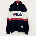 FILA　フィラ　ハーフジップアクリルニットセーター　デカロゴ　マルチカラー　紺　ネイビー　Mサイズ　古着
