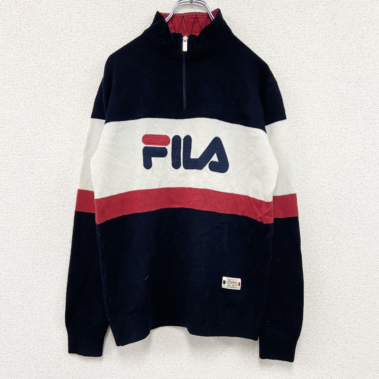 FILA　フィラ　ハーフジップアクリルニットセーター　デカロゴ　マルチカラー　紺　ネイビー　Mサイズ　古着