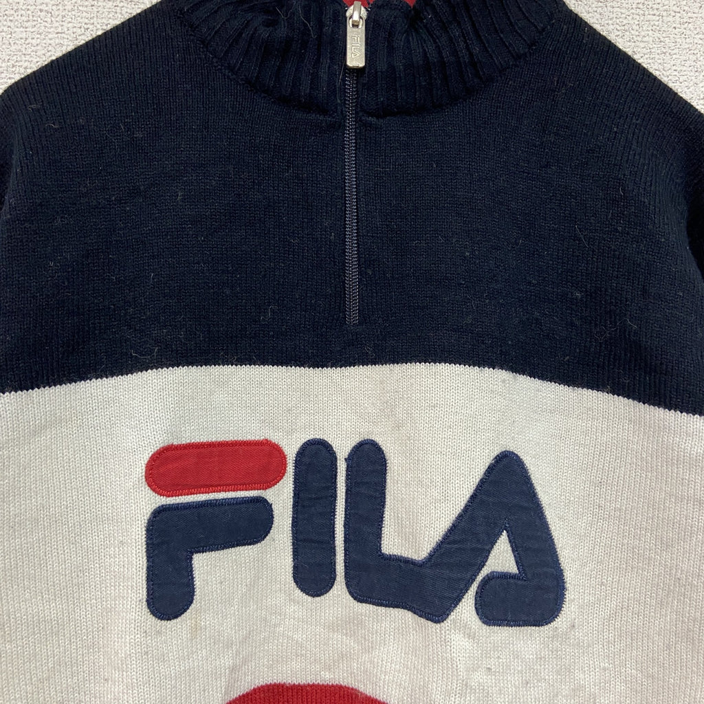 FILA　フィラ　ハーフジップアクリルニットセーター　デカロゴ　マルチカラー　紺　ネイビー　Mサイズ　古着