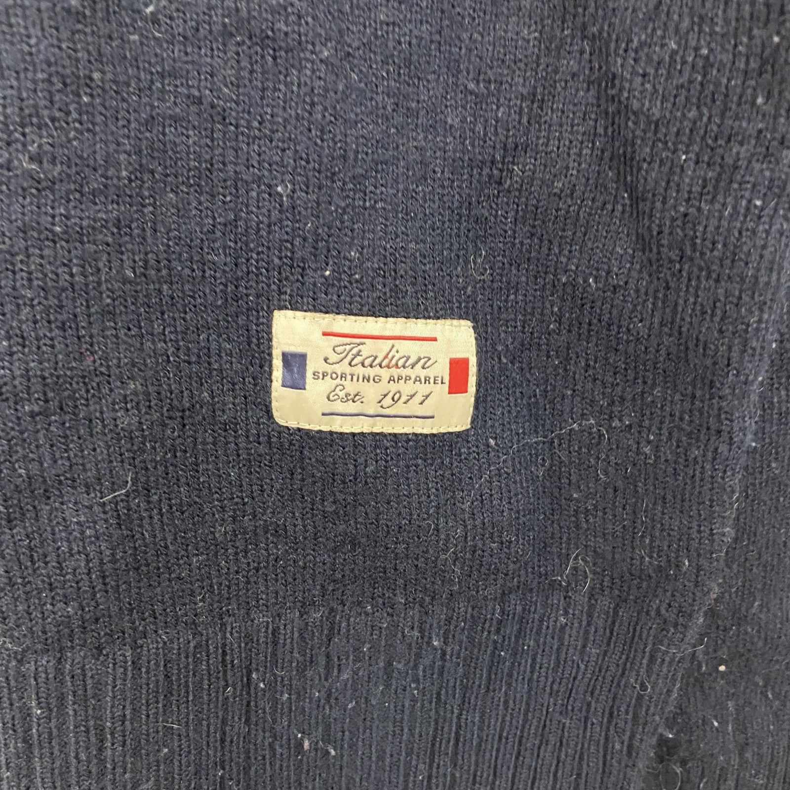 FILA　フィラ　ハーフジップアクリルニットセーター　デカロゴ　マルチカラー　紺　ネイビー　Mサイズ　古着