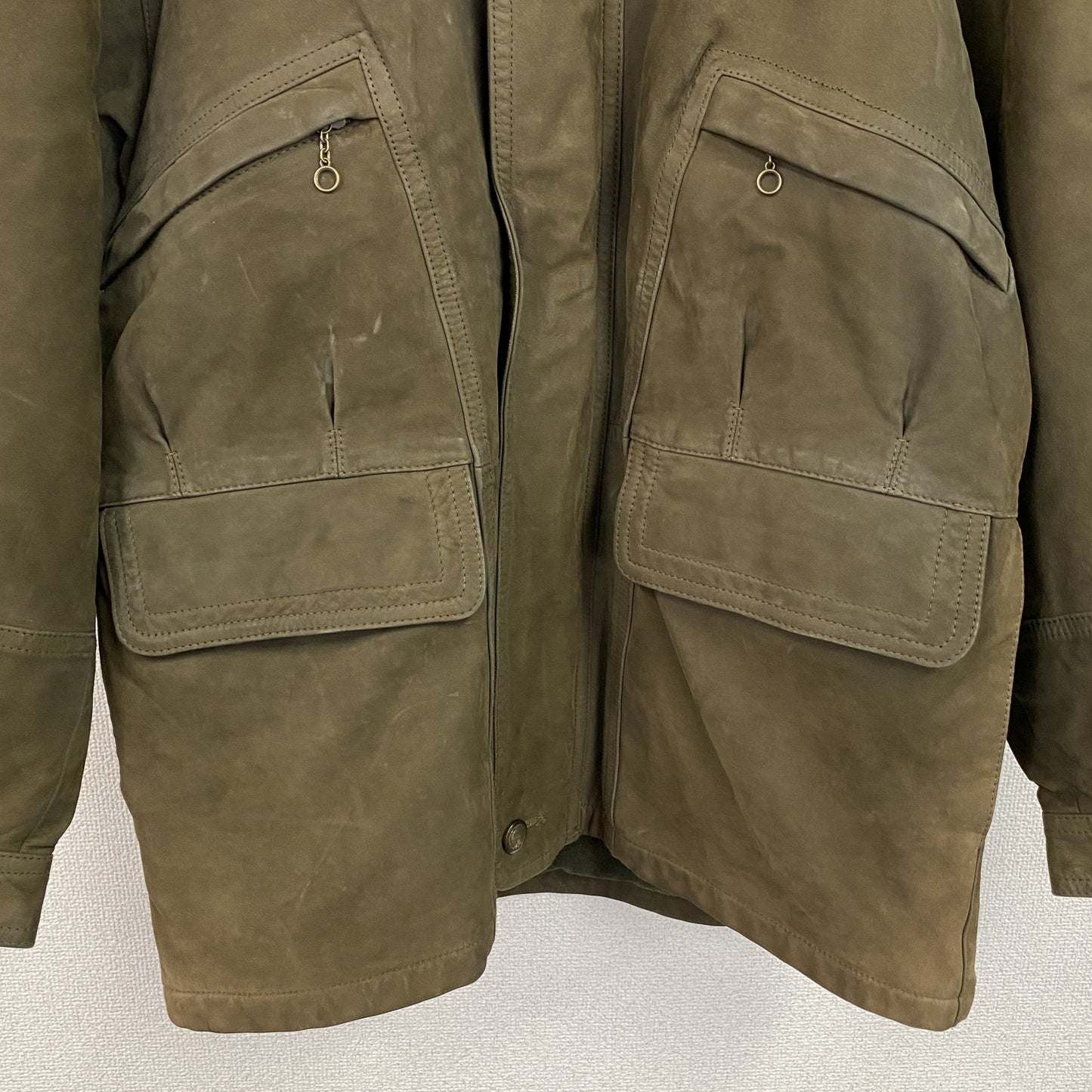 ～90s　France Vet　フランスヴェット　レザーカーコート　中綿入り　ユーロヴィンテージ　カーキ　