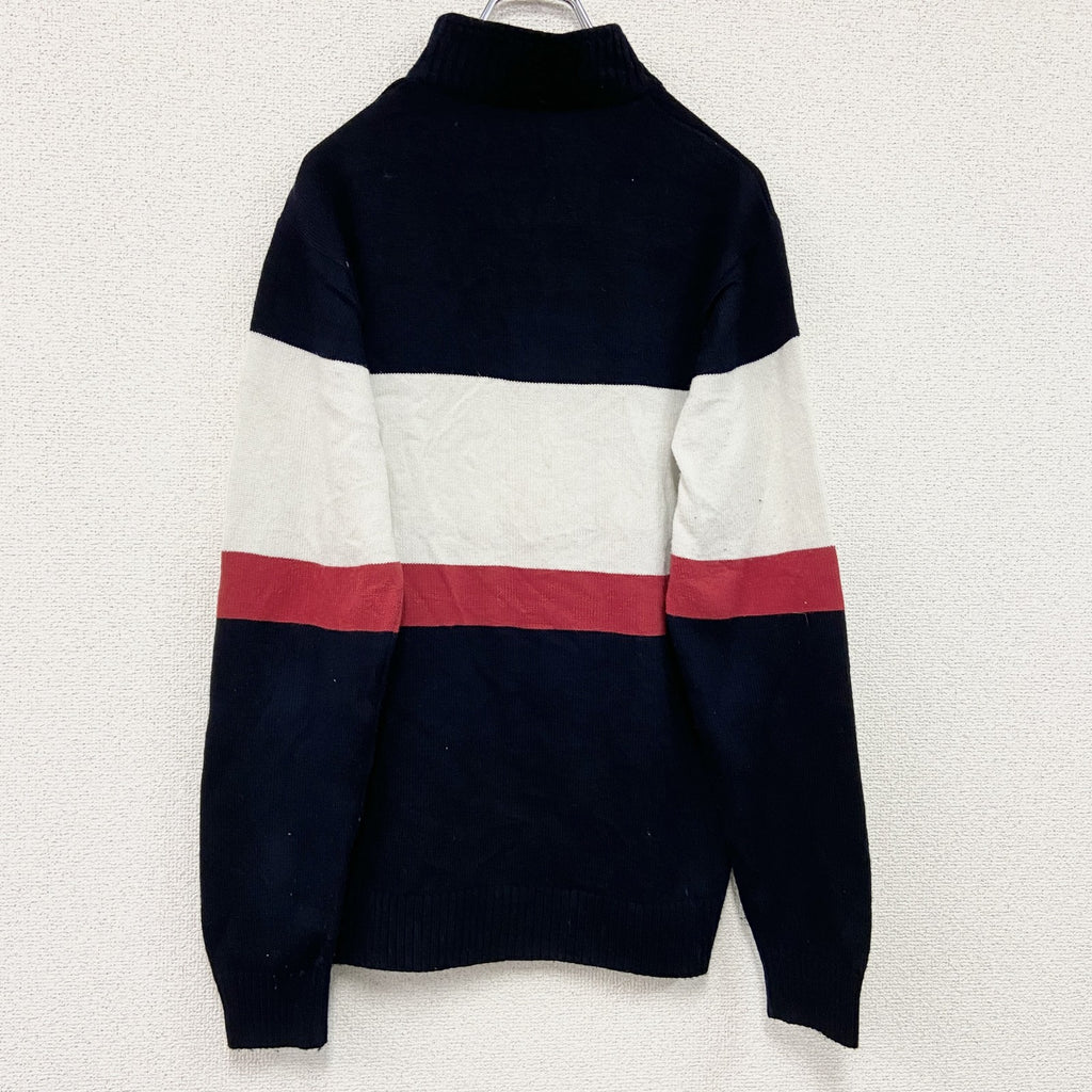 FILA　フィラ　ハーフジップアクリルニットセーター　デカロゴ　マルチカラー　紺　ネイビー　Mサイズ　古着